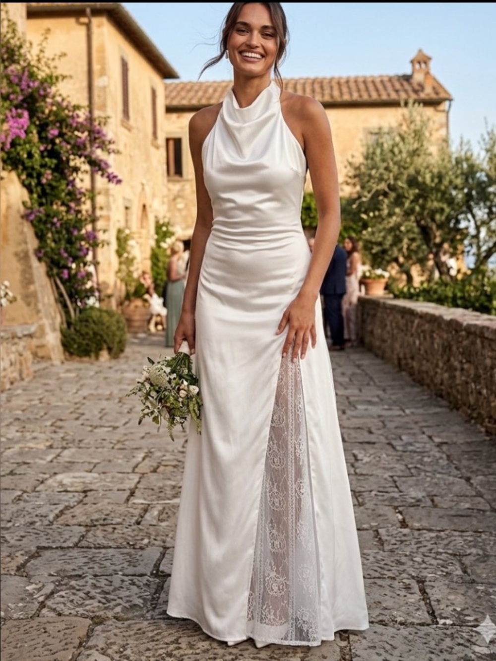 New Lulus Concerta White Halter Cowl Neck Maxi Dress with Lace Slit Sz XL
